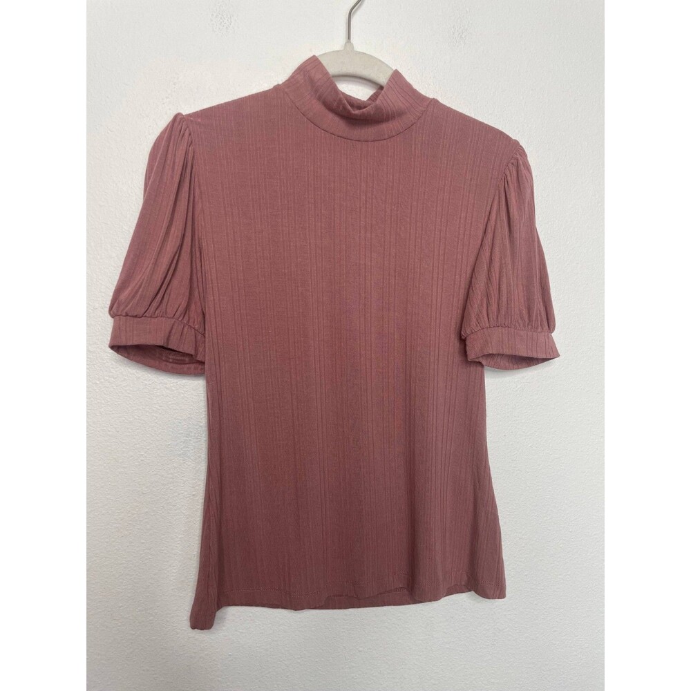 Philosophy XS Top Pink Ribbed Knit High Neck Short Puff Sleeve Fitted Stretch